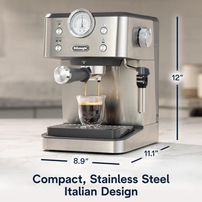 De'Longhi Dedica Maestro Plus Espresso Machine, Automatic Steam Wand, 3 Coffee Temp & Milk Foam Settings, 54oz Removable Tank, Easy-to-Clean Dishwasher-Safe Parts, Compact Stainless Steel Design