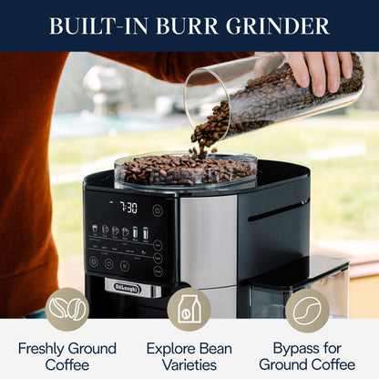 De'Longhi True Brew Drip Coffee Maker, Built in Grinder, Single Serve, 8 oz to 24 oz, Hot or Iced Coffee, Stainless, CAM51025MB